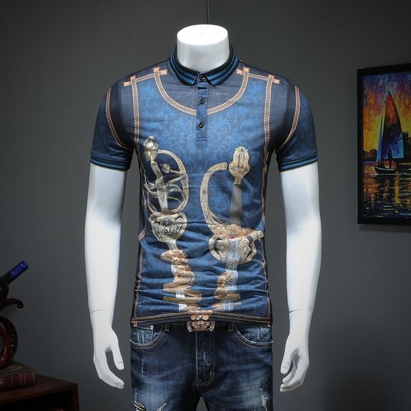 

2020 summer short sleeve shirts gold blue club party shirt printed camisa hombre slim fit men cloth camisa, White;black