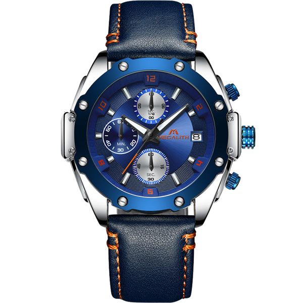 

megalith casual wrist watches mens waterproof blue genuine leather analogue chronograph sports quartz wristswatch clock, Slivery;brown