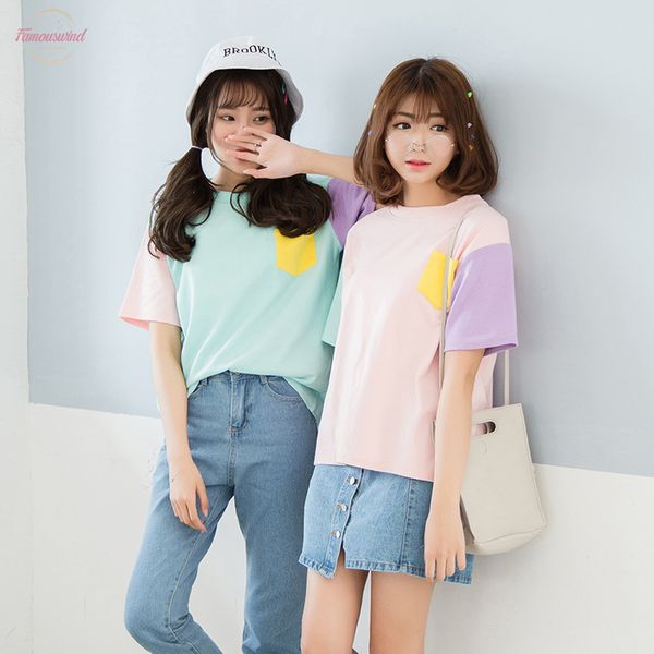 

womens t shirt summer korean hit color harajuku o neck pocket tee shirt femme color block patchwork bottoming classic, White