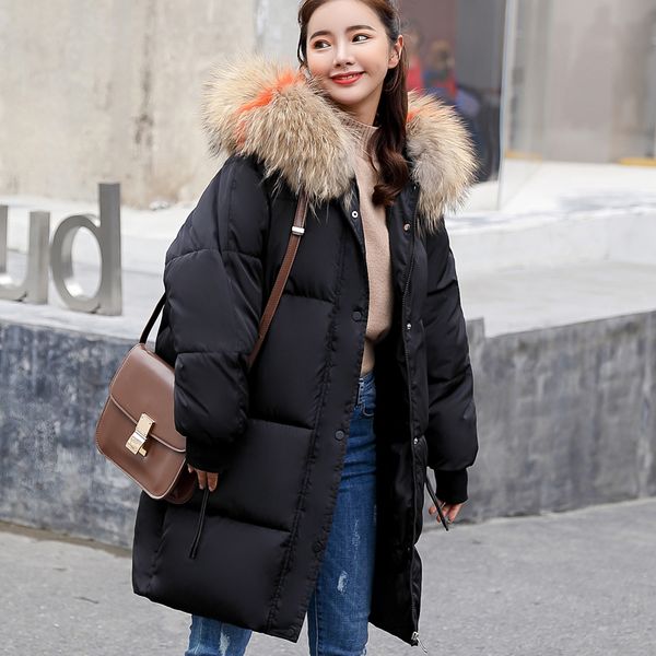 

2018 new autumn winter women ladies removable fur hoodie long down jacket cotton thick parkas female long warm clothing coat, Black