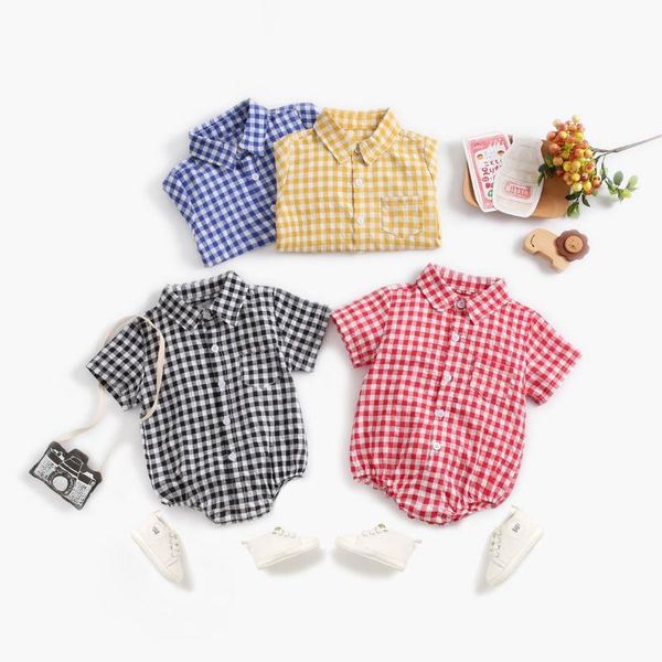 

baby summer clothing newborn infant boy girl plaid romper clothes short sleeve cute fashion summer outfit cotton jumpsuit, Blue