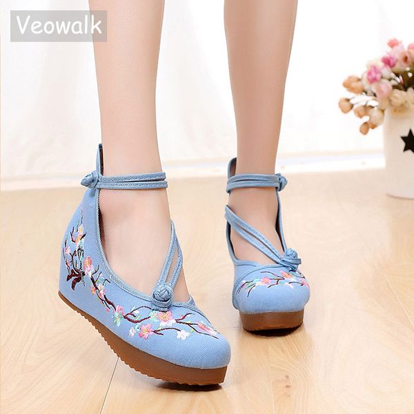 

veowalk flowers embroidered women high canvas hidden flat platforms ankle dual strap ladies casual denim cotton shoes, Black