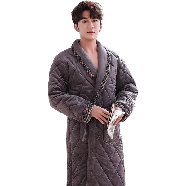

новые зимние мужские халаты 3 слоя ватной фланель long ванна robe мужского комфорт коричневый длинные главной теплый халат плед строчка, Black;brown