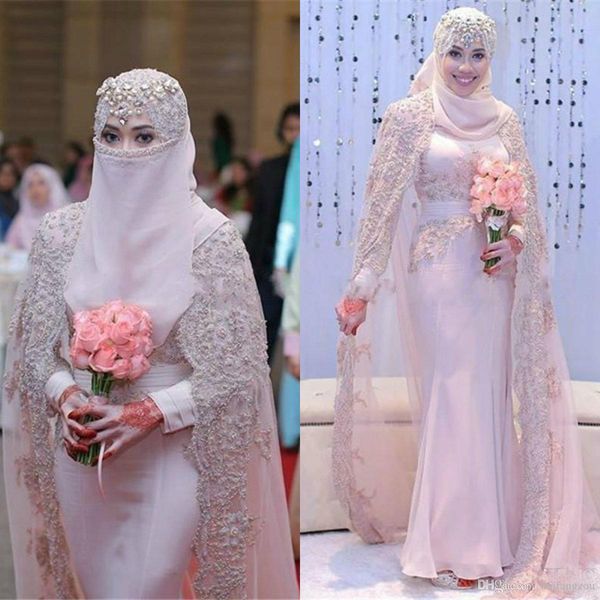 

stylish pink muslim wedding dresses long sleeve mermaid country boho wedding dresses with caped wrap appliques beaded bridal gowns 2020, White