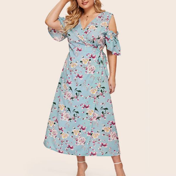 

women off shoulder maxi dress floral print casual v neck short sleeve 2019 new dresses elegant plus size party long dress robes, Black;gray