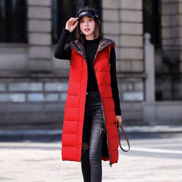 

2019 new women leopard liner print hood down cotton padded vest women's zipper hooded vest jacket autumn winter sleeveless coat, Black;white