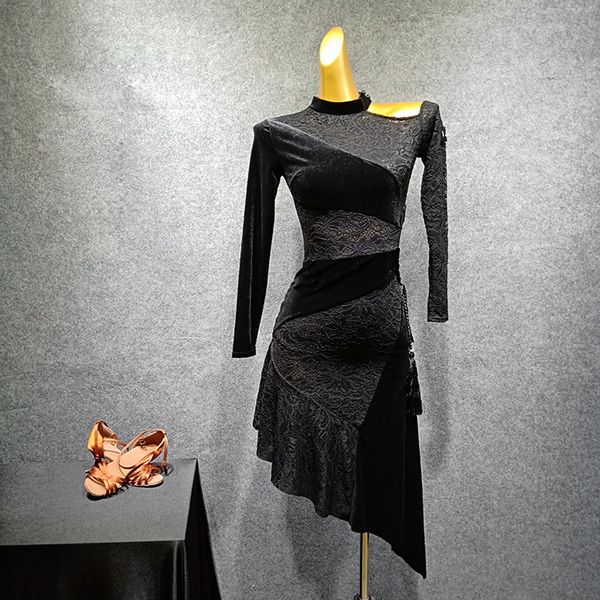 

velvet latin dress dance wear tango dress dance clothing modern costumes ball salsa clothes lace, Black;red
