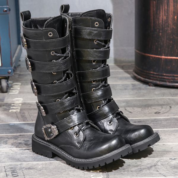 

new trend men combat boots fashion men leather casual boot black mens army boots buckle strap tactical training