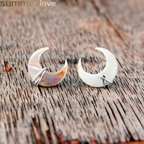 

unique design crescent moon stud earrings mother of pearl gemstone post in gold sterling silver handmade wire wrapped ear wedding jewelry, Golden;silver