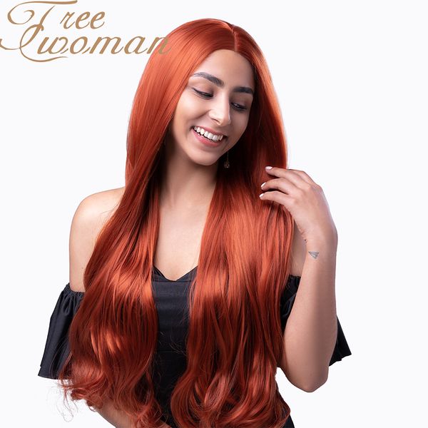 

oman long wavy synthetic wig 24in orange middle part with natural hairline women wigs heat resistant fiber party hair, Black