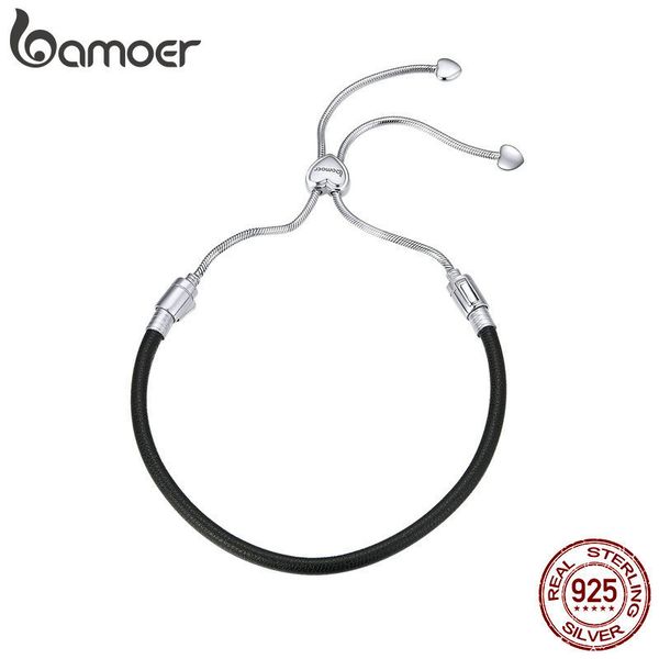 

bamoer authentic 925 sterling silver classic black leather lace up chain bracelets for women sterling silver jewelry scb120, Golden;silver
