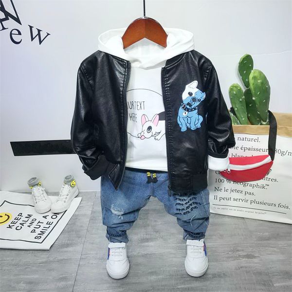 

sping autumn boys clothing sets baby boys faux leather coat+hoodie t+jeans 3pcs/set kids children's outfit kids clothes set, White