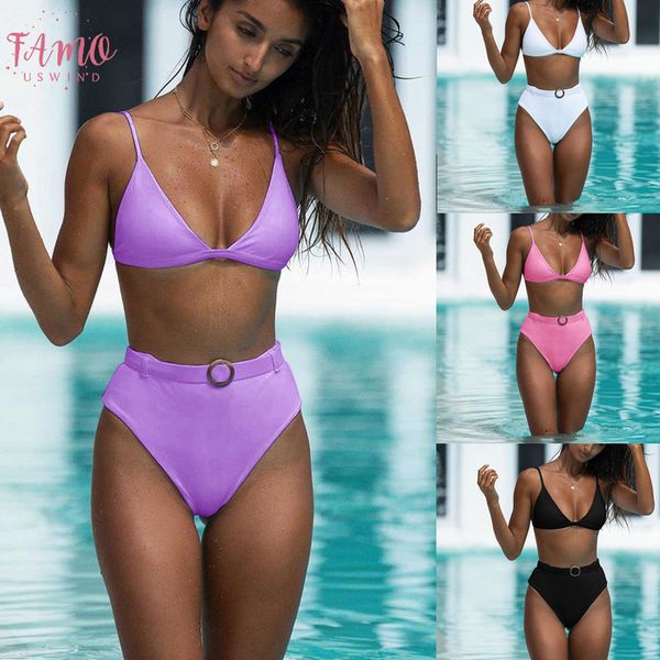 

solid purple 2pcs set 2020 push up padded bra high waist swimsuit women bandeau bathing suit bikini maillot de bain femme, White;black