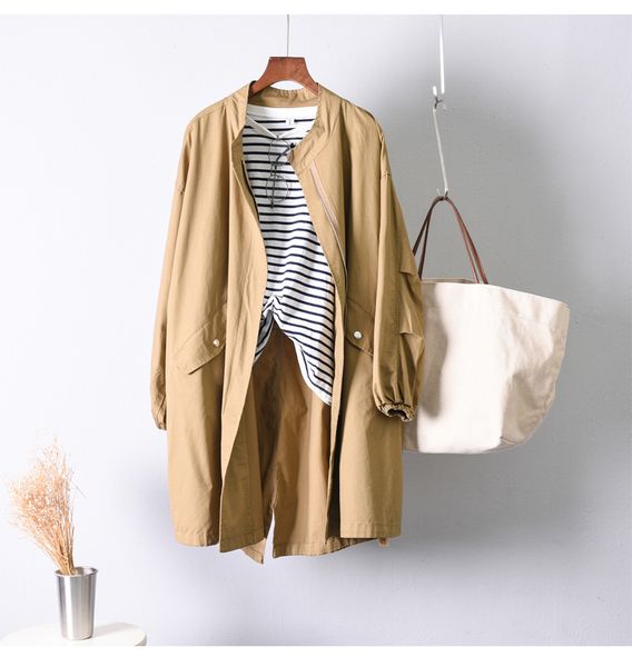 

biuzko long korean loose hip hop trench coat for women british japan style european windbreakers safari style fall overcoat, Tan;black