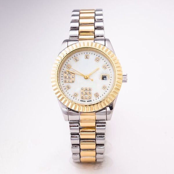

AAA High quality men and women round diamond bracelet simulation quartz movement calendar watch luxury gold stainless steel ladies watch
