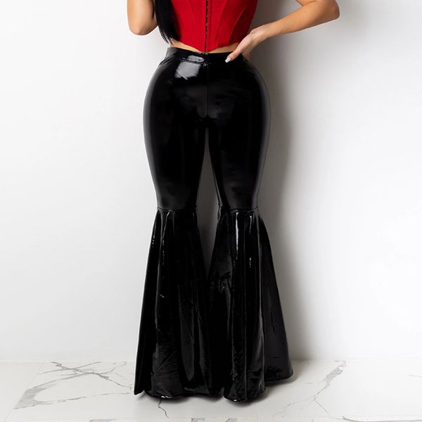 

women pu leather long pants fashion high waist slim flare bell bottom trousers gorgeous night club female streetwear#j30, Black;white
