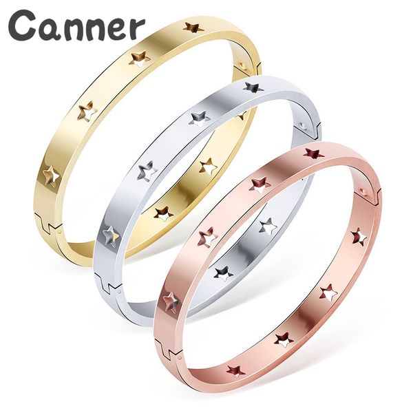 

canner punk hollow stars bangle titanium stainless steel pentagram cuff bracelets bangle for woman girls gifts pulseras mujer a4, Black