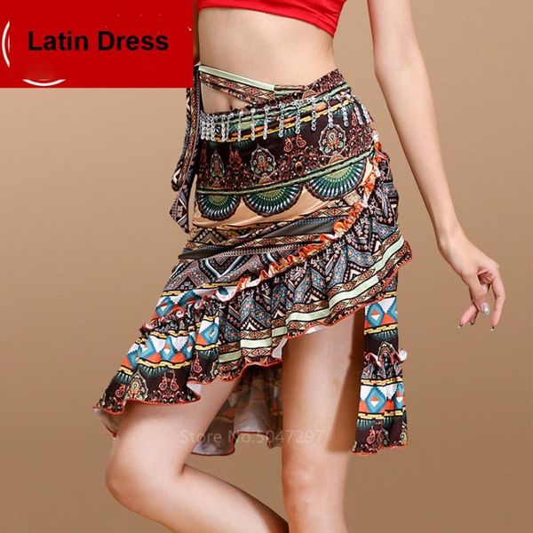 

women ethnic latin skirt for female ballroom dance wear costume printed tango rumba one piece irregular ruffle scarf dress, Black;red