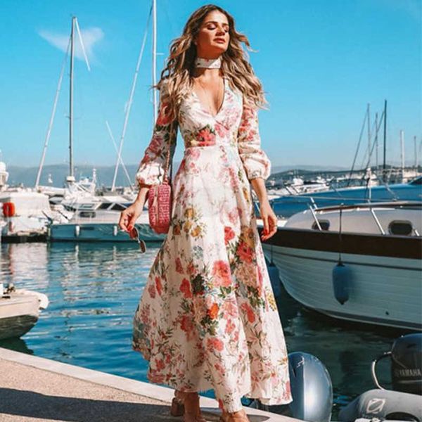 

2019 autumn dress women halter low cut deep v neck beach casual floral long sleeve maxi christmas dress vestidos de verano, Black;gray