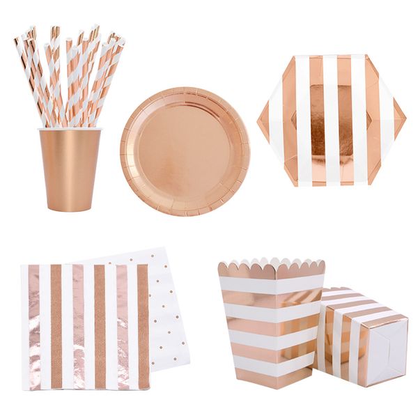 

rose gold party disposable tableware set party paper cups plates straws table decoration wedding birthday supplies