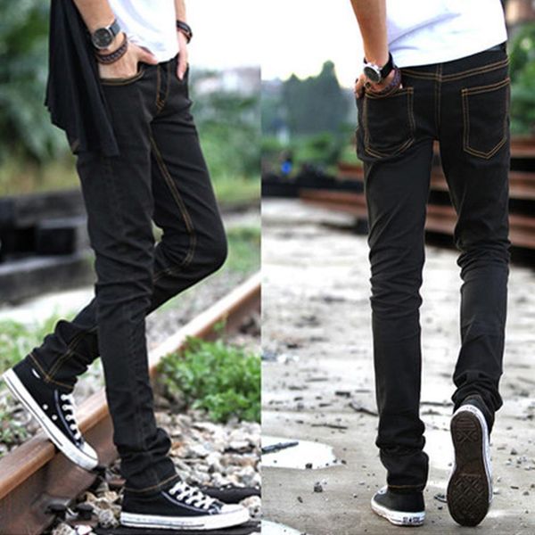 

men slim jeans small trouser legs medium waist elastic jeans, Blue