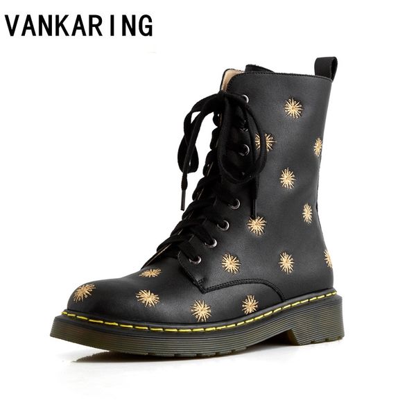

fashion embroidery leather autumn casual shoes woman high heel platform ankle boots lace up women shoes ankle boots girls 34-40, Black
