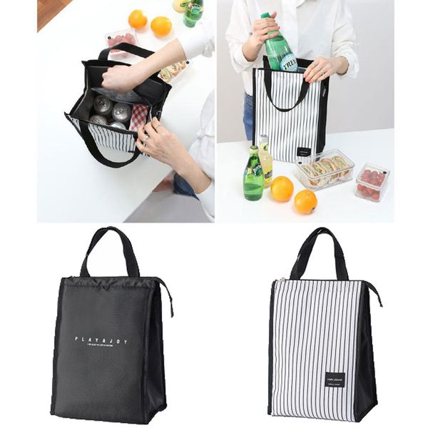 

black white stripes portable thermal lunch bags for women kids men picnic cooler box insulated tote bag storage container, Blue;pink