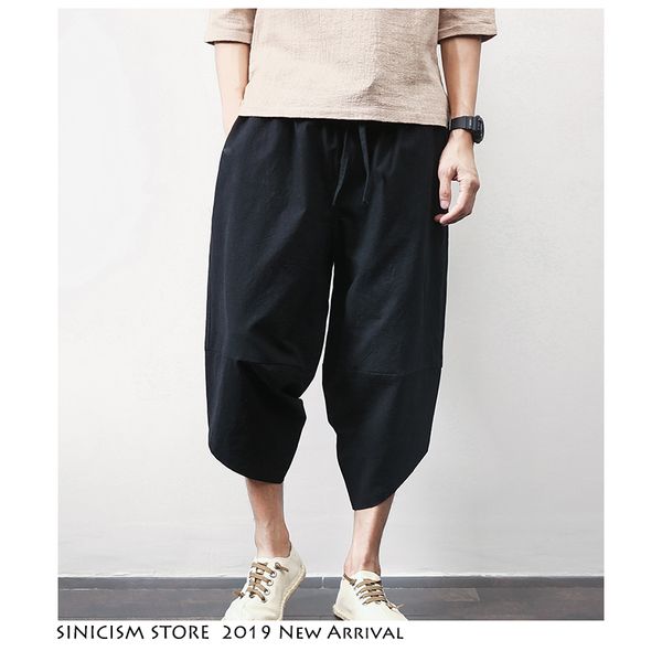 

sinicism store men 2019 streetwear joggers mens summer track sweatpants male casual caif-length pants cotton linen harem pants, Black