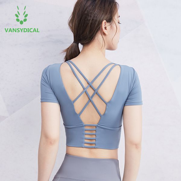 

vansydical yoga shirt cross back running shirt push up sports t-shirt women gym crop fitness sujetador deportivo, White;red