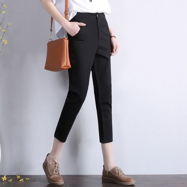

straight black pants women ladies office mid waist pocket suit pants work wear trousers pantalon mujer plus size 4xl, Black;white