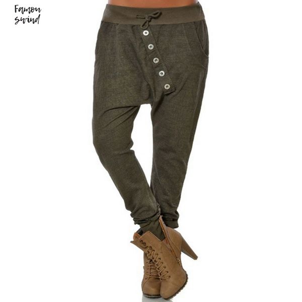 

2019 pants solid elastic waist harem bloomers baggy pants 5xl button casual loose trousers plus size boyfriends, Black;white
