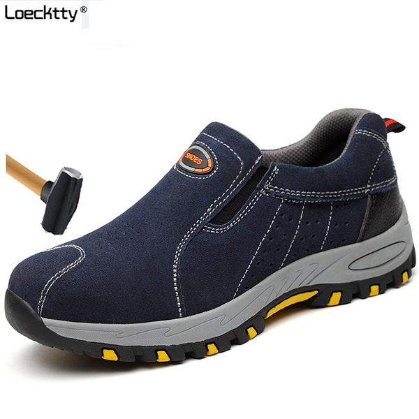 

loecktty men's breathable outdoor cow suede leather steel toe work boots men anti-slip puncture proof safety shoes plus size 46, Black