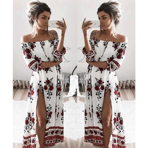 

bohemia fashion women slash neck dresses floral print vestidos spring summer beach sun slit loose lady dress, White;black