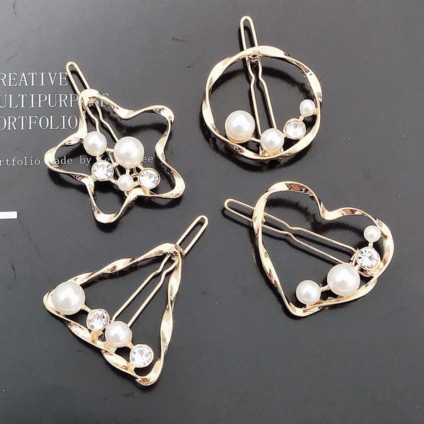 

qingwen fashion jewelry pearl hair clip for women elegant korean design barrette stick hollow hairpin bridal hair accessories, Golden;white