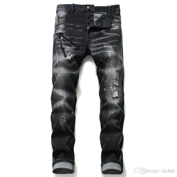 

unique mens distressed badge black skinny jeans fashion designer slim fit washed motocycle denim pants panelled hip hop biker trousers 1057, Blue