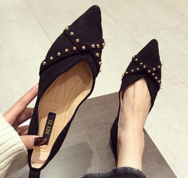 

send 2018 autumn and winter fashion new style suede shallow mouth pointed end flat bottom women's single shoes, Black