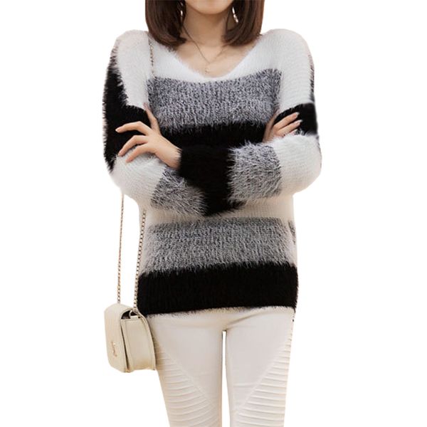 

new autumn winter sweater women korea thin loose pullover mohair hedging bottoming striped thicker korean jumper vestidos lxj058, White;black