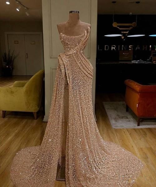 

stylish gold 2019 prom dresses sweetheart sequined a line evening dresses high split formal party pageant gowns, Black
