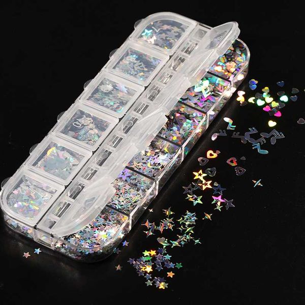 

1 box holographics nail sequins colorful polish flakes butterfly nail glitter powder spangle slice art decorations, Silver;gold