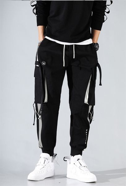 

mens designer pencil pants street hiphop styles fashion ankle banded pants cargo mens casual ribbon pnats, Black