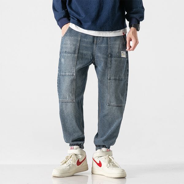 

japanese style fashion men jeans blue color loose fit spliced denim cargo pants streetwear hip hop jeans men joggers
