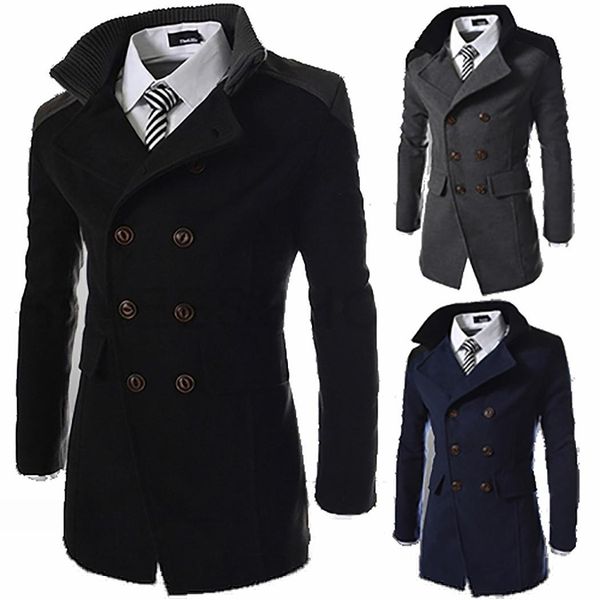

men fashion casual solid double breasted long sleeve wool button winter/spring/autumn blend coat, Black