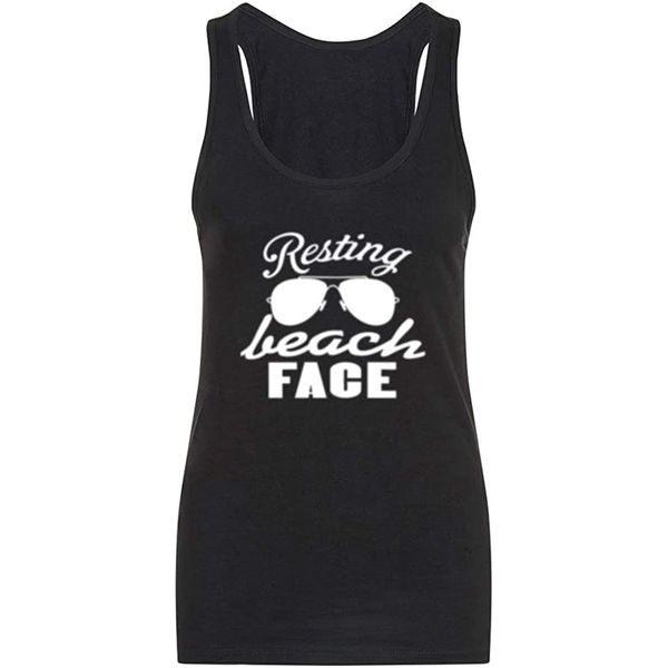 

women's resting beach face beach summer fitness workout racerback tank summer funny letter print tank top, White