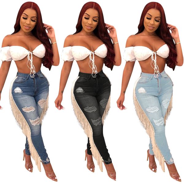 

47s3658 женские джинсы осень и зима новый повседневный оборванный личности бахромой джинсы тенденции моды street длинные джинсы брюки и пидж, Blue