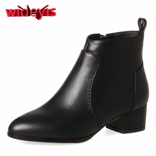 

shoes woman wideyis 2019 autumn new full leather ladies boots nappa leather boots pointed solid color work banquet, Black