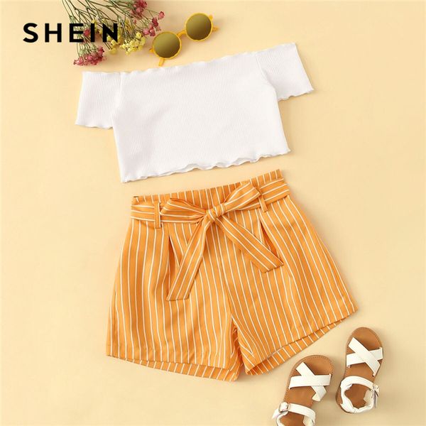 

shein kiddie girls off the shoulder frill trim bardot and striped belted shorts set 2019 summer vacation boho kids outfits y200325, White