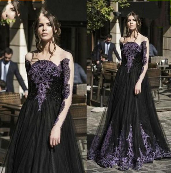 

2019 новые великолепные черные и фиолетовые кружева аппликация платья выпускного вечера иллюзия с длинными рукавами тюль вечерние платья дли, Black;red