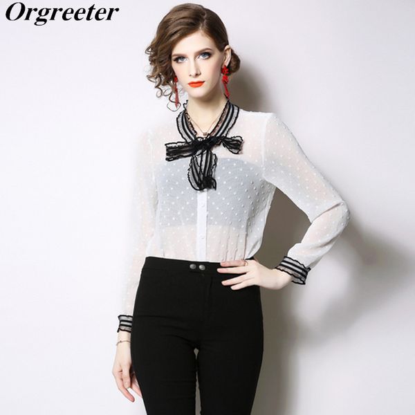 

chiffon blouse summer new 2019 lace patchwork bow jacquard dot white shirt tassel sashes office lady elegant shirt