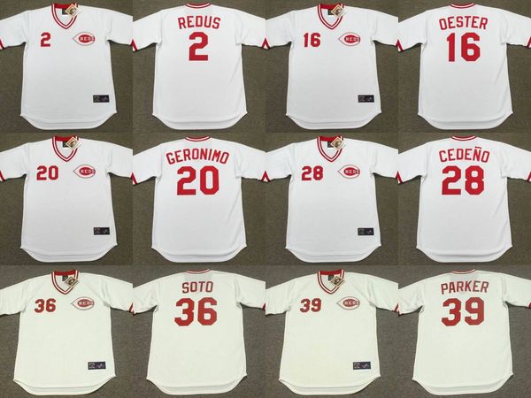 

cincinnati 2 gary redus 16 ron oester 20 cesar geronimo 28 cesar cedeno 36 mario soto 39 dave parker throwback baseball jersey, Black