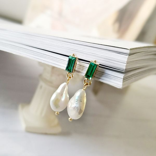 

large baroque pearl drop earrings for women geometric genuine freshwater pearl earrings green crystal drop, Silver